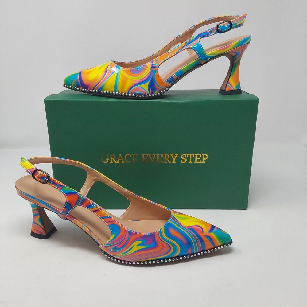 Grace Every Step Rainbow Slingback Heels Pointed Toe Studded Women’s 8.5 EU 39